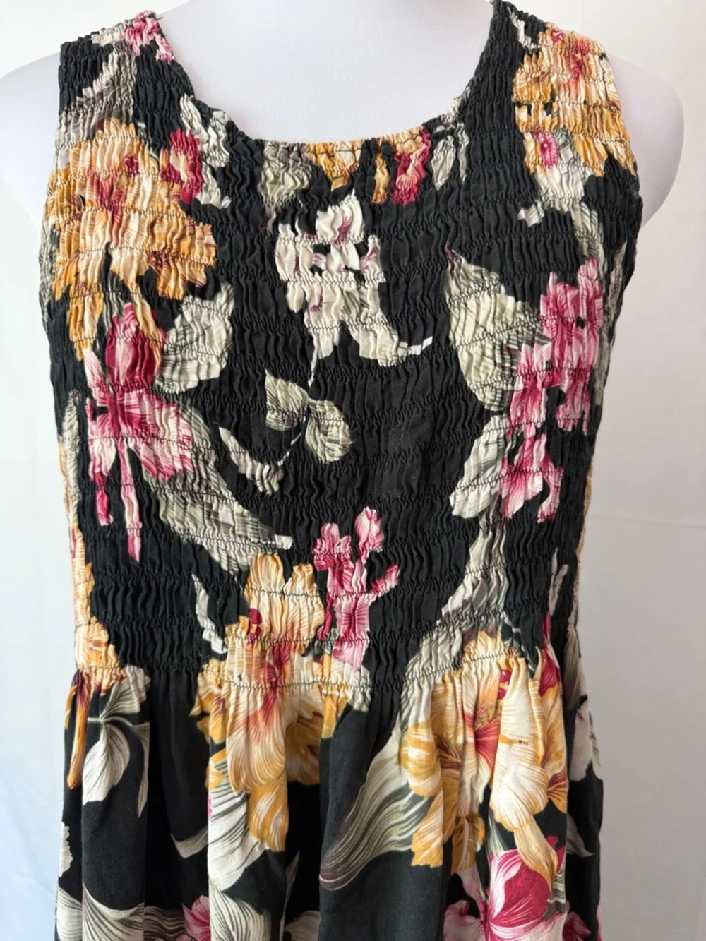 Aloha Hut Sleeveless Floral Maxi Dress with Pink & Yellow Blooms